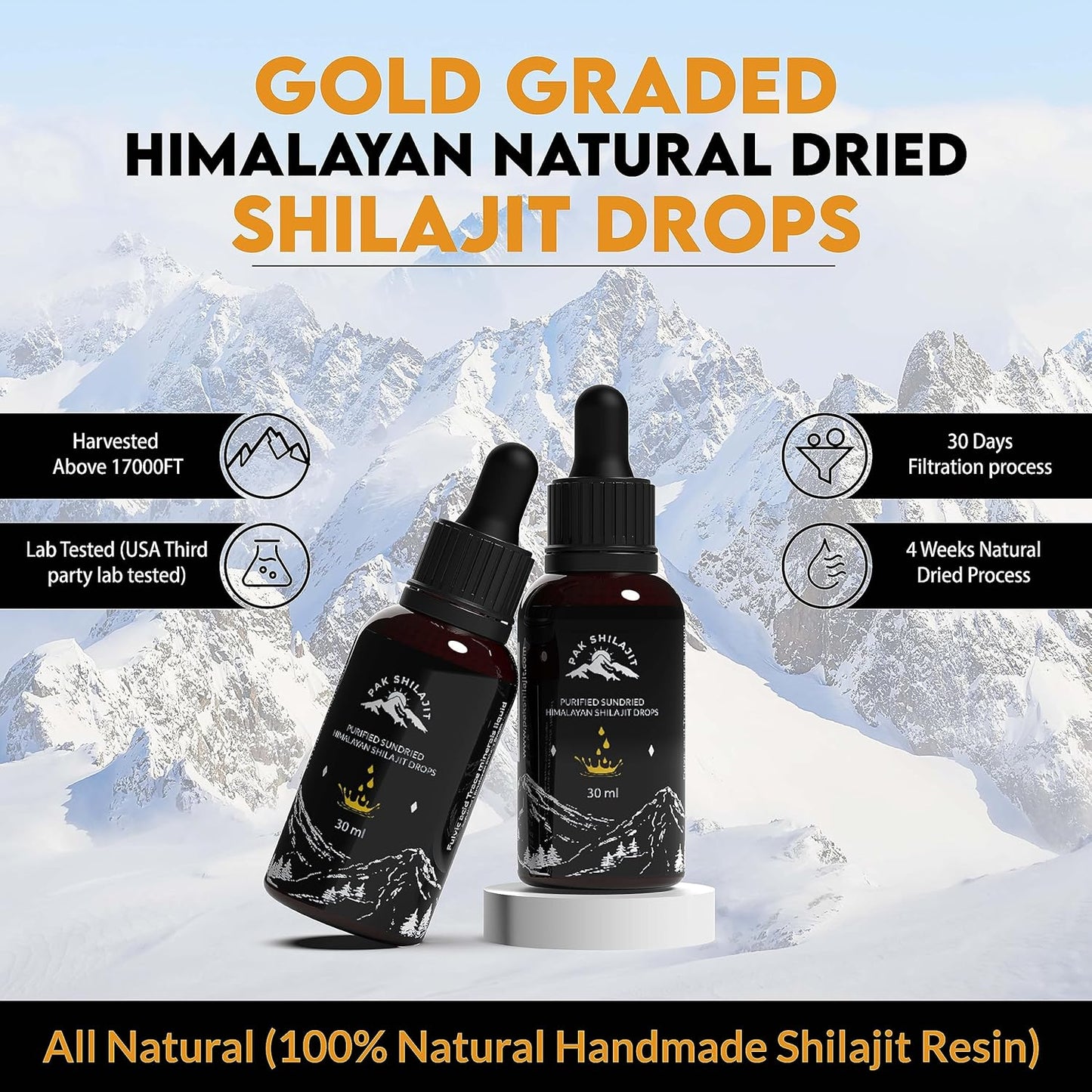 PakShilajit® Sun Dried Himalayan Shilajit Liquid Drops, Most Premium & Organic Gold Graded Shilajit Drops Above 17000FT (30ML Pack), Rich in Fulvic Acid Humic Acid Natural Supplement